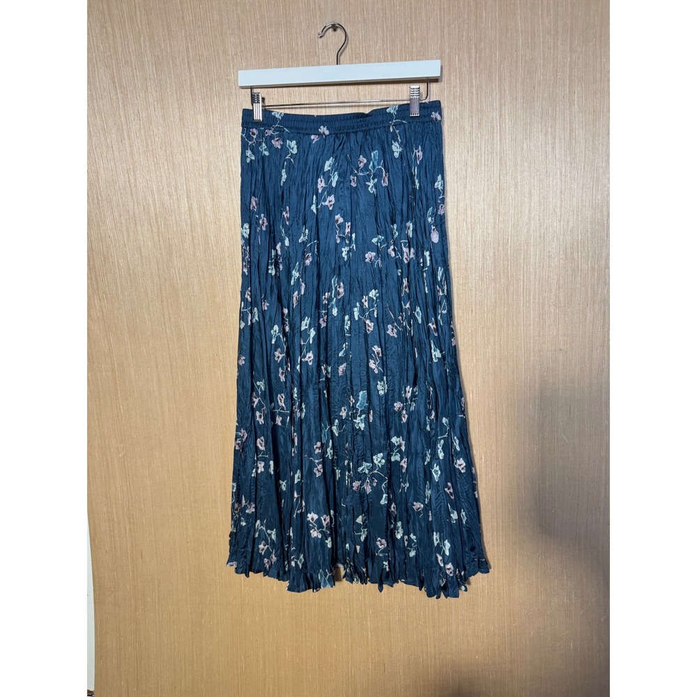 WinterSilks Silk Collection Teal Floral Maxi Skirt Small 100% Silk Crinkle Boho